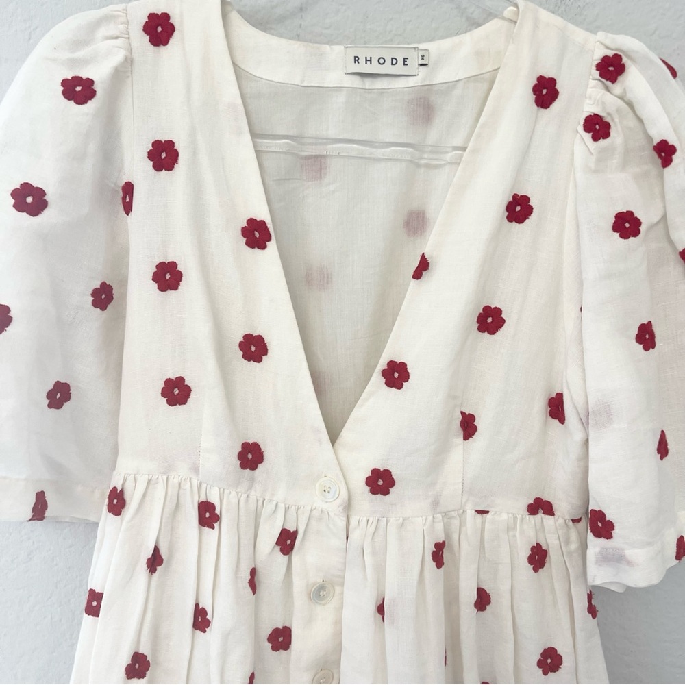 Rhode Scarlet Daisy Karline Dress White Red Floral Embroidered Size XS - Picture 2 of 4
